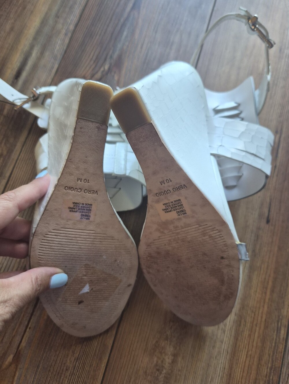 BCBGMaxAzria Vanny White and Metallic Silver Wedge Sandals- Size 10 - Picture 9 of 11